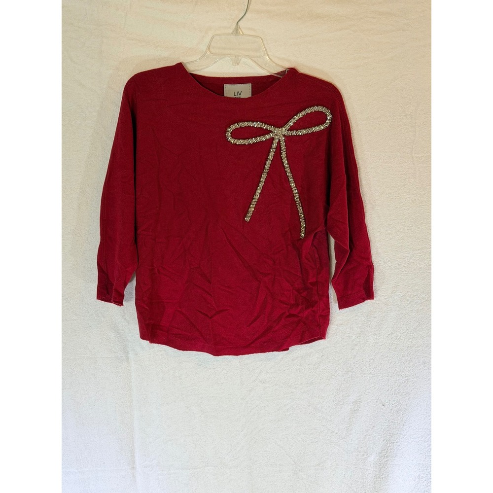LIV Milano Red Rhinestone Bow Knit Top 3/4 Sleeve Crew Neck XS